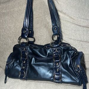 Blue Shoulder Bag with Braided Straps and Decorative Stitching